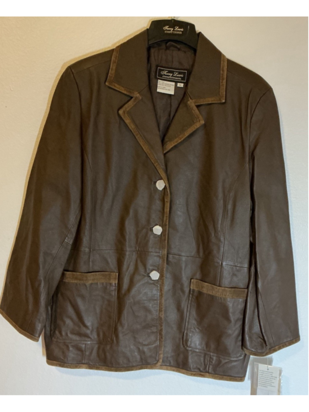 : NWT Terry Lewis Leather Jacket 1X Plus Brown Suede Trim Blazer Button Coat.